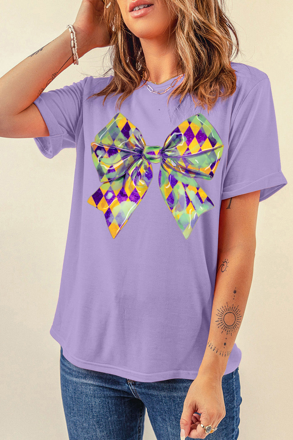 Wisteria Plaid Bow Mardi Gras Crewneck Tee