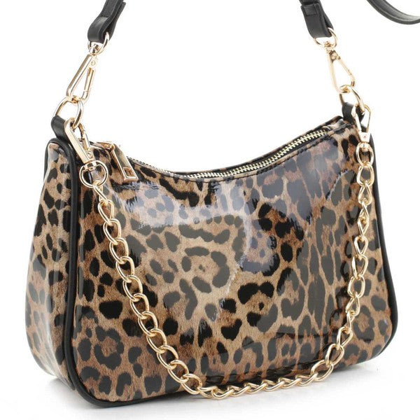 Glossy Leopard Chain Link Crossbody Satchel