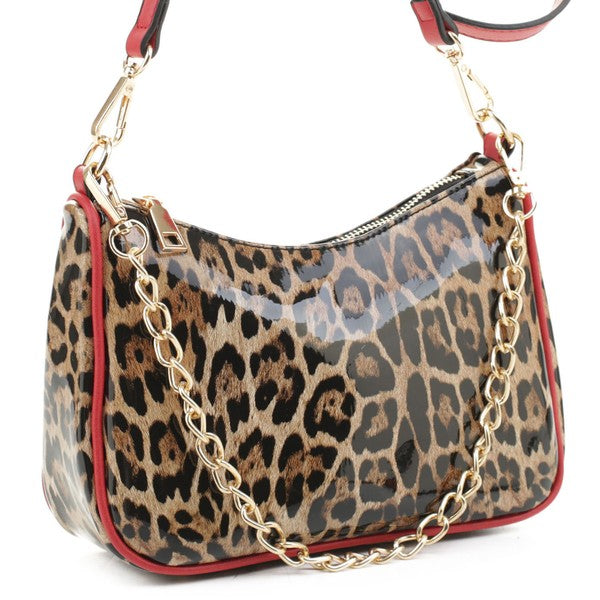 Glossy Leopard Chain Link Crossbody Satchel