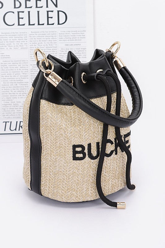 Top Handle Faux Straw Bucket Bag