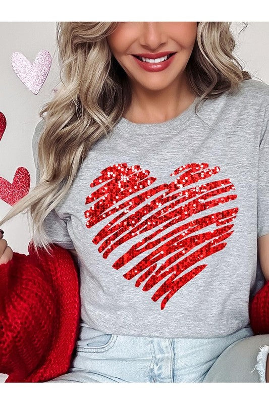 Faux Sequins Scribble Heart Graphic Tee