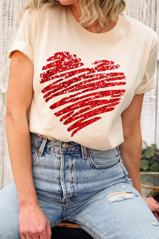 Faux Sequins Scribble Heart Graphic Tee