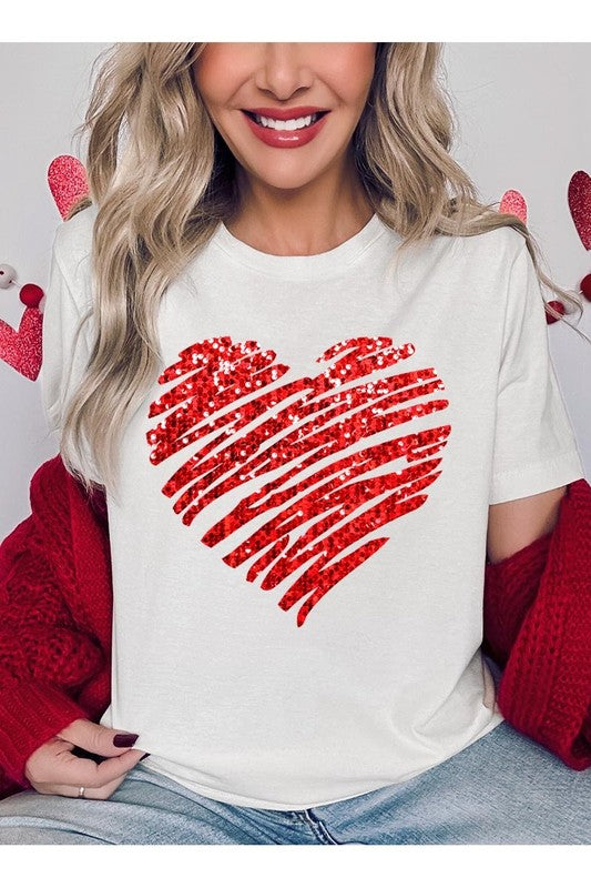 Faux Sequins Scribble Heart Graphic Tee