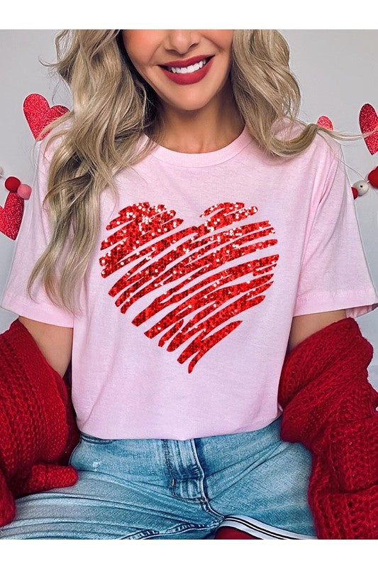 Faux Sequins Scribble Heart Graphic Tee