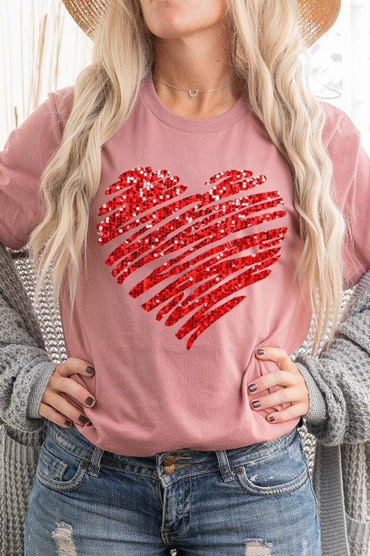 Faux Sequins Scribble Heart Graphic Tee