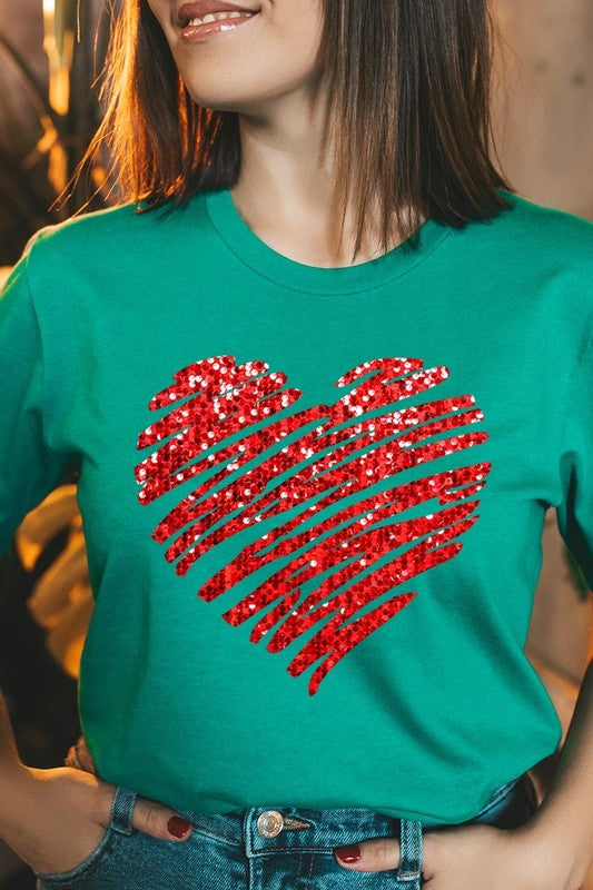 Faux Sequins Scribble Heart Graphic Tee