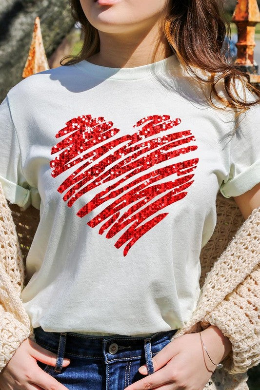 Faux Sequins Scribble Heart Graphic Tee