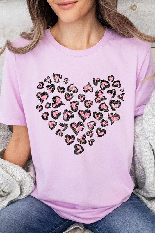 Faux Sequins Leopard Heart Graphic Tee