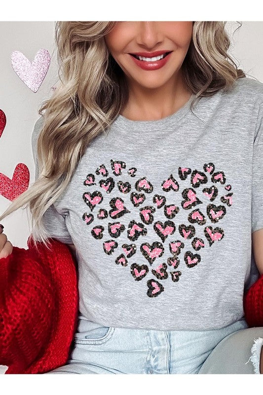 Faux Sequins Leopard Heart Graphic Tee