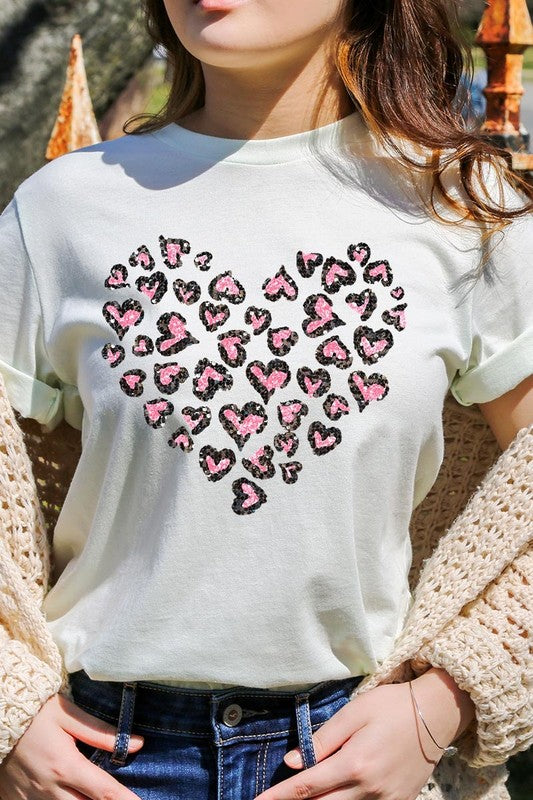 Faux Sequins Leopard Heart Graphic Tee