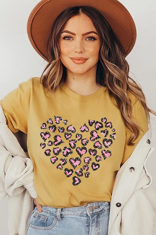 Faux Sequins Leopard Heart Graphic Tee