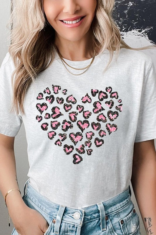 Faux Sequins Leopard Heart Graphic Tee