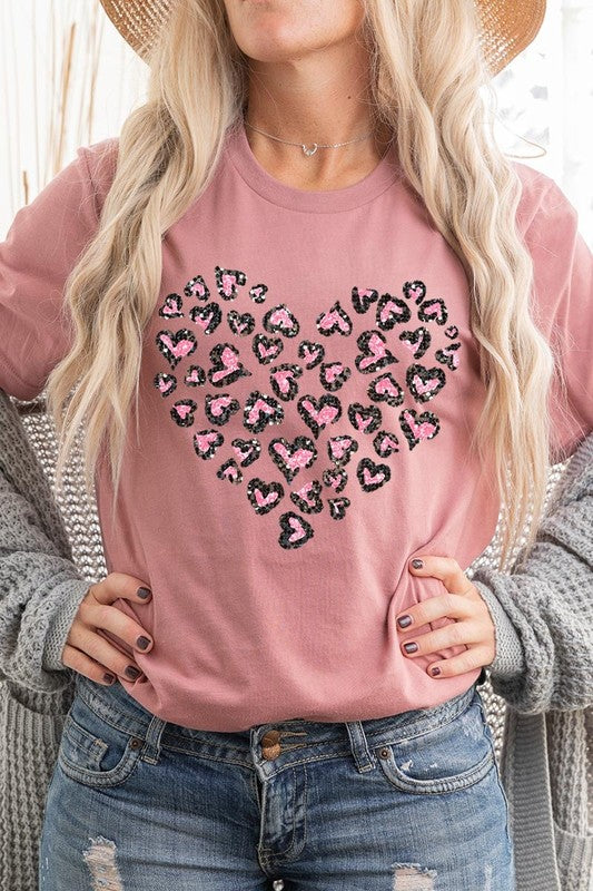 Faux Sequins Leopard Heart Graphic Tee