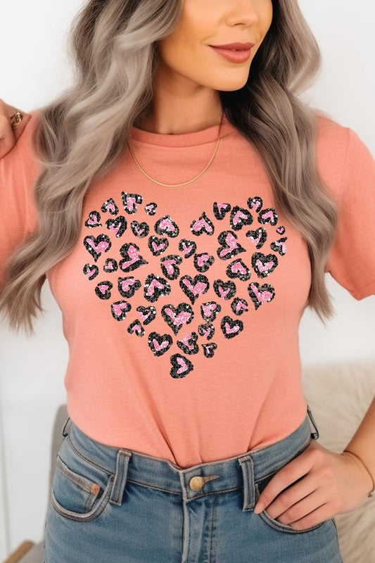 Faux Sequins Leopard Heart Graphic Tee