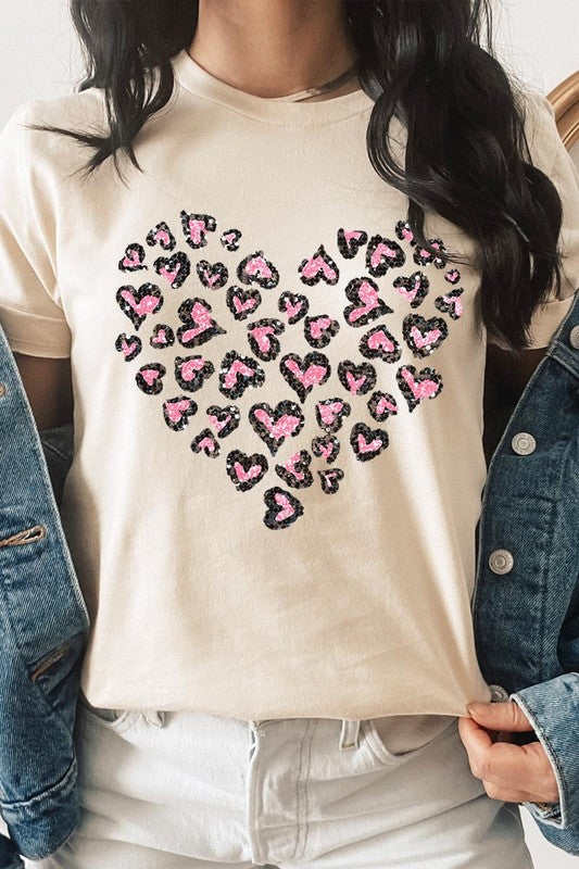 Faux Sequins Leopard Heart Graphic Tee