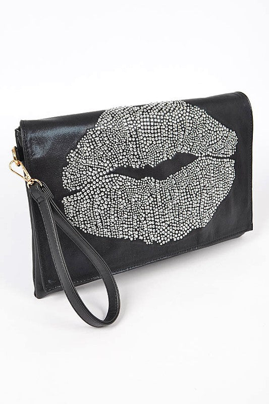 Oversize Rhinestone Lips Convertible Clutch