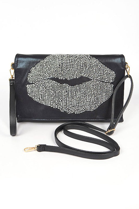 Oversize Rhinestone Lips Convertible Clutch