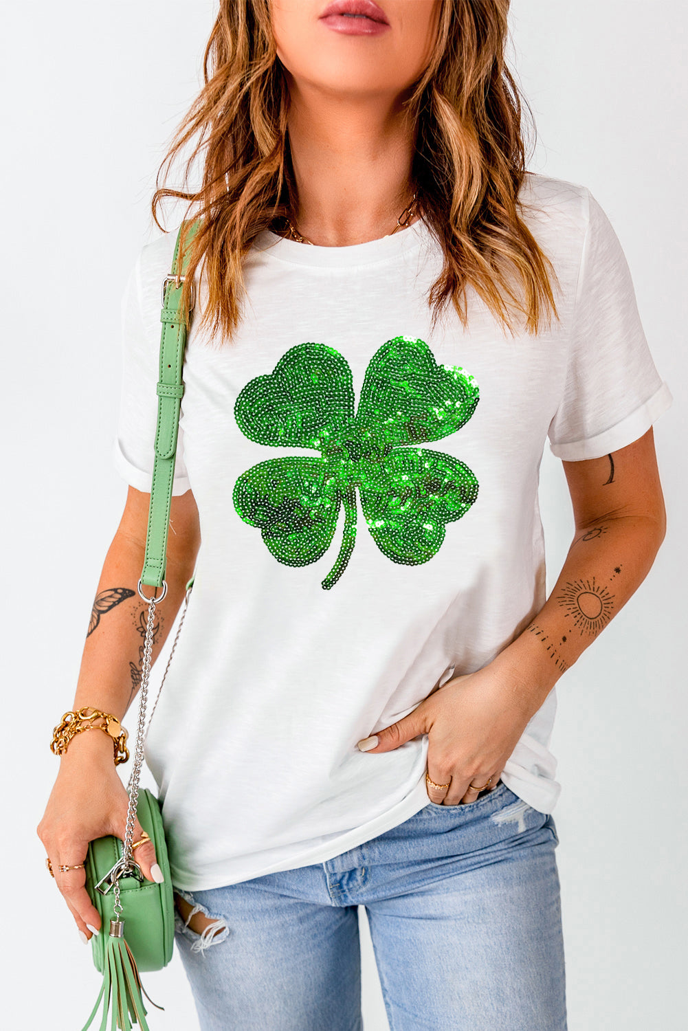 White Sequin Clover Patch Graphic St Patrick Fashion Tee