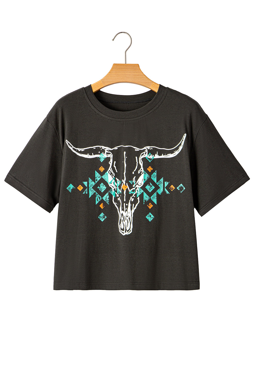 Carbon Grey Vintage Bull Head Skull Turquoise Geometric Graphic T Shirt