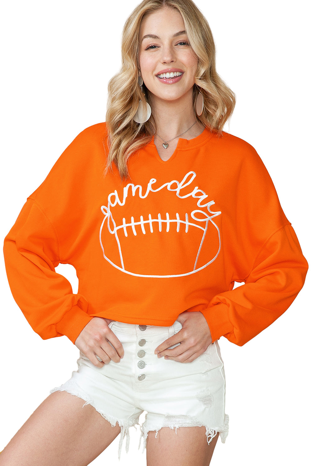 Bright White Game Day Lettering Rugby Notched Neck Cropped Sweatshirt