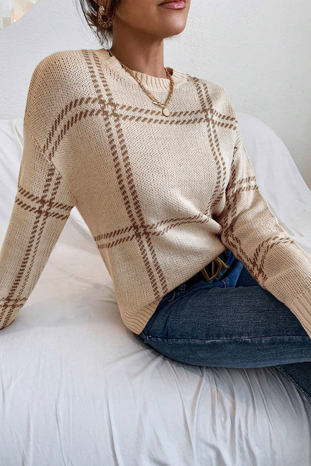 Pink Plaid Pattern Knitted Drop Shoulder Sweater