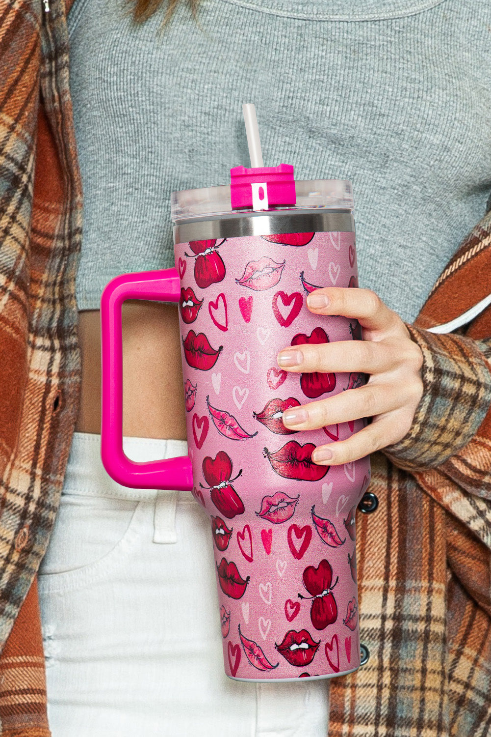 Rose Red Valentines Hearts and Kisses Print Thermos Cup 40oz