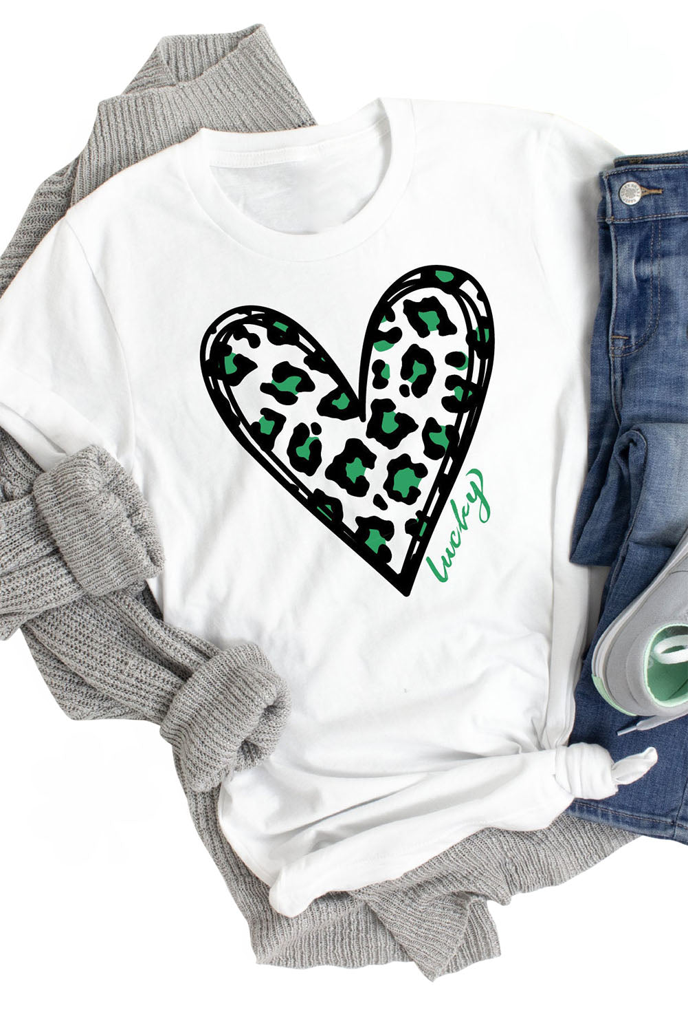 White Lucky Leopard Heart Print St Patricks Day T Shirt