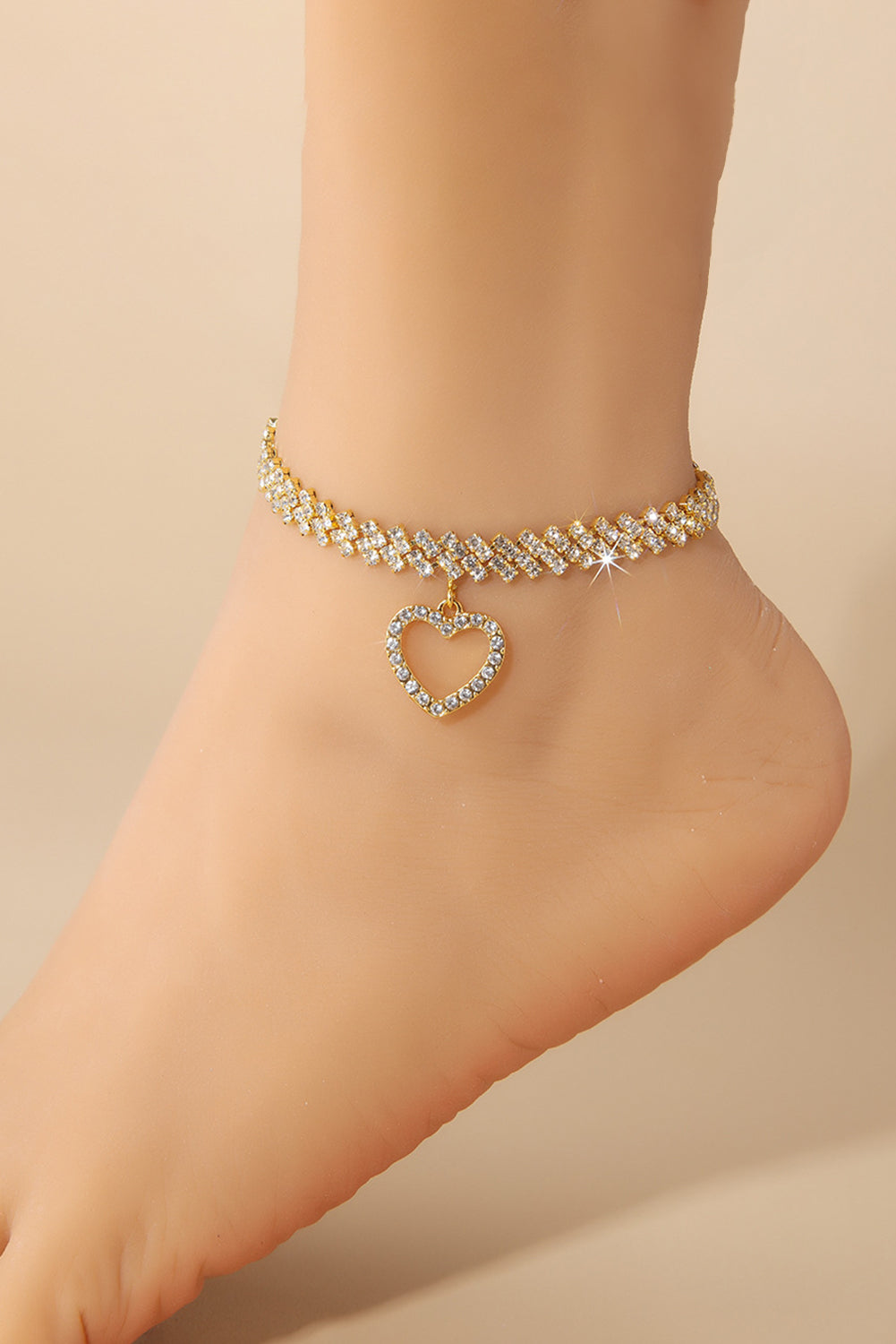 Gold Rhinestone Heart Pendant Anklet