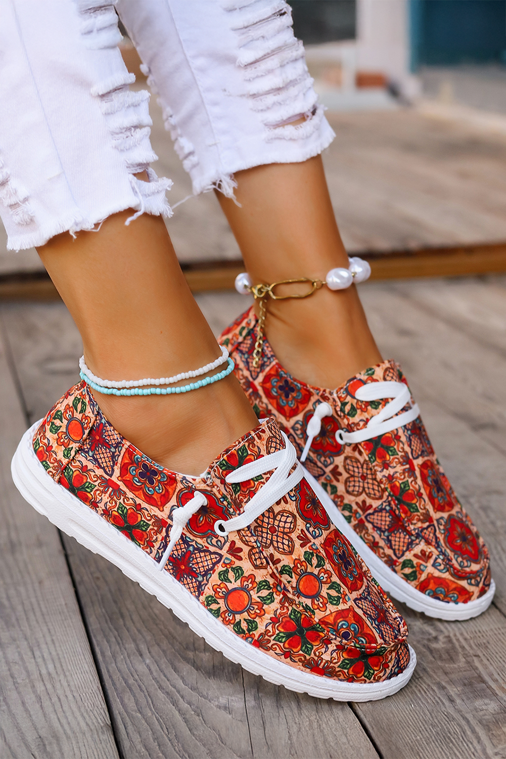 Fiery Red Western Printed Lacing Flat Slip On Shoes