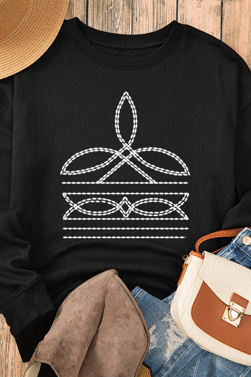 Black Western Pattern Print Round Neck Pullover Sweatshirt