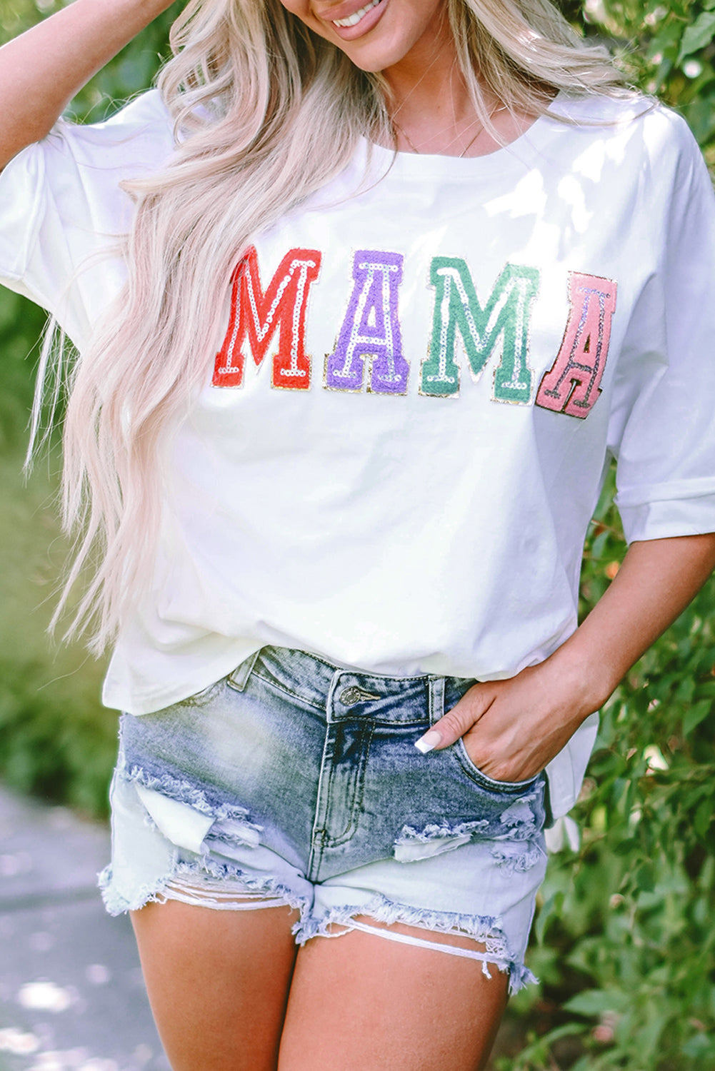 Black MAMA Chenille Patched Crew Neck T Shirt