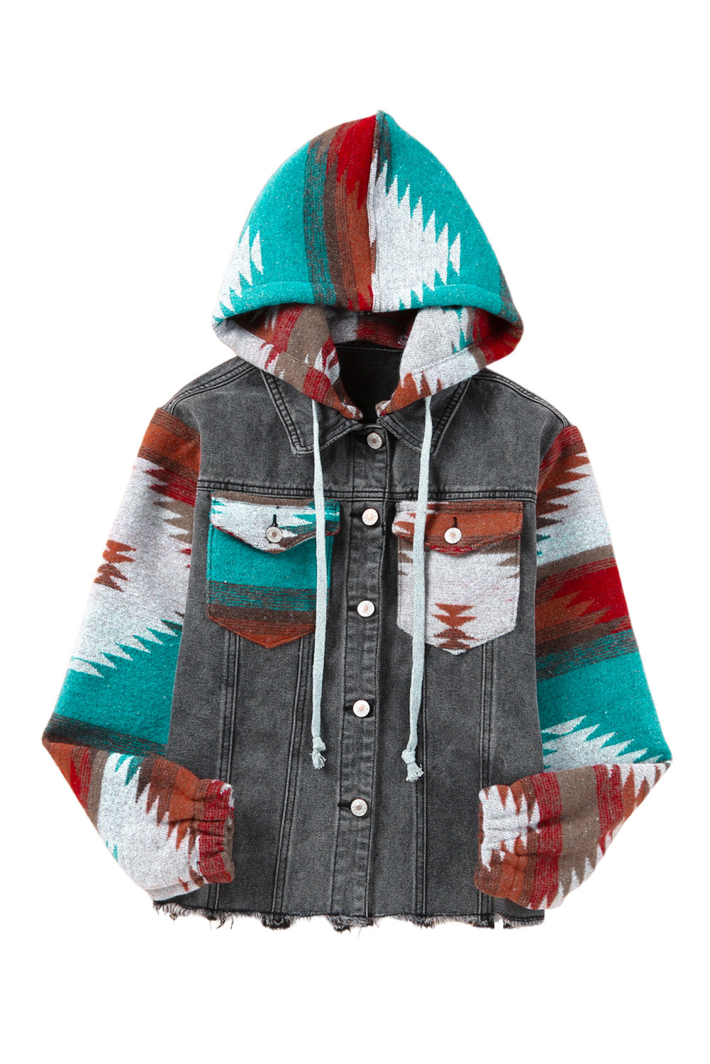 Aztec Print Frayed Hem Denim Jacket