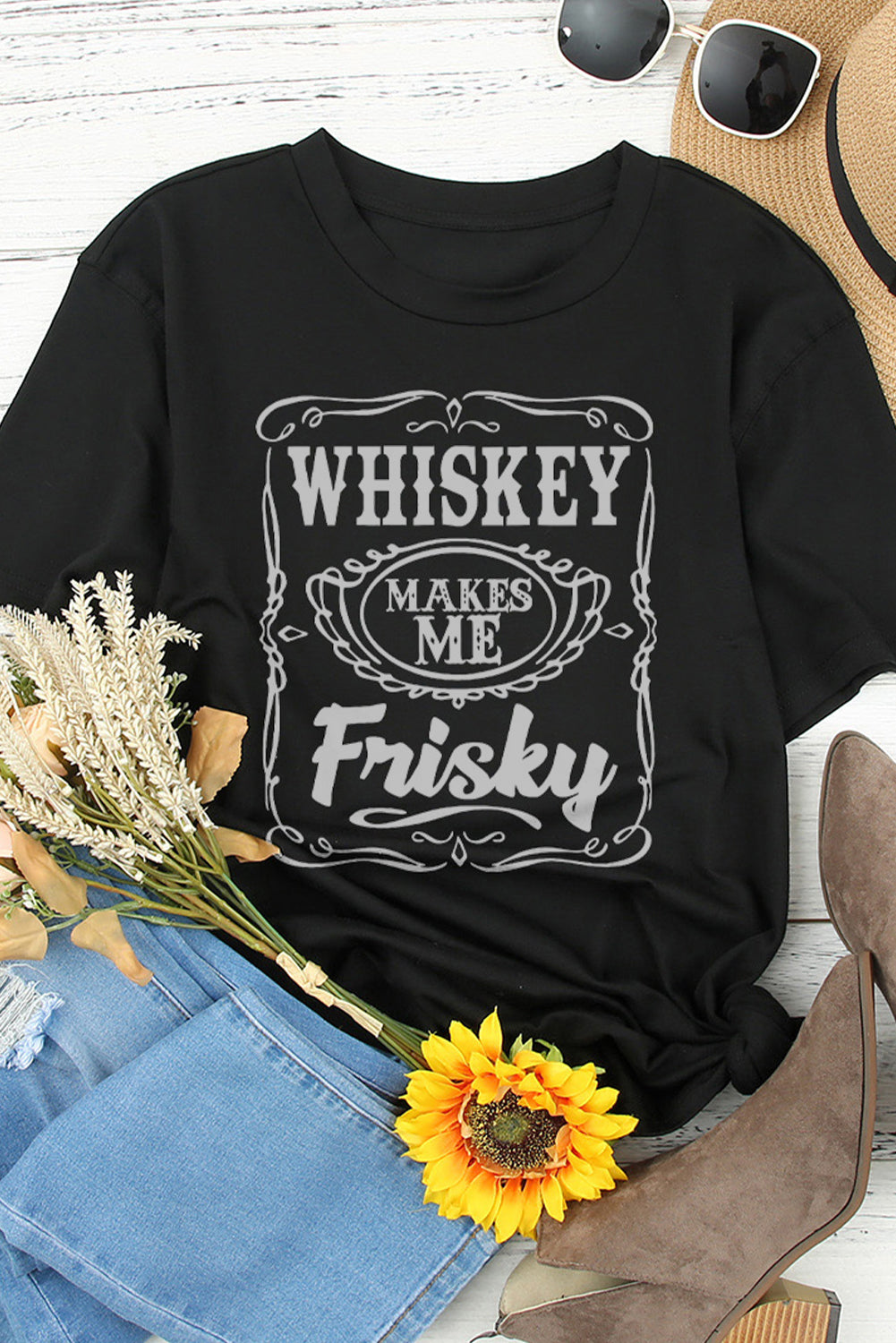 Black WHISKEY Makes Me Frisky Print Graphic Tee