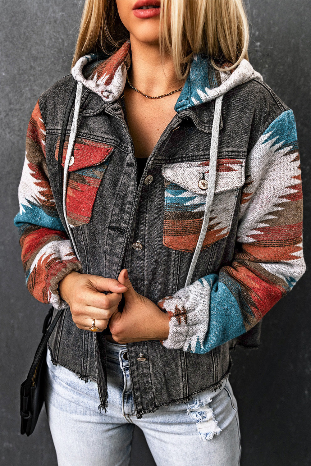 Aztec Print Frayed Hem Denim Jacket