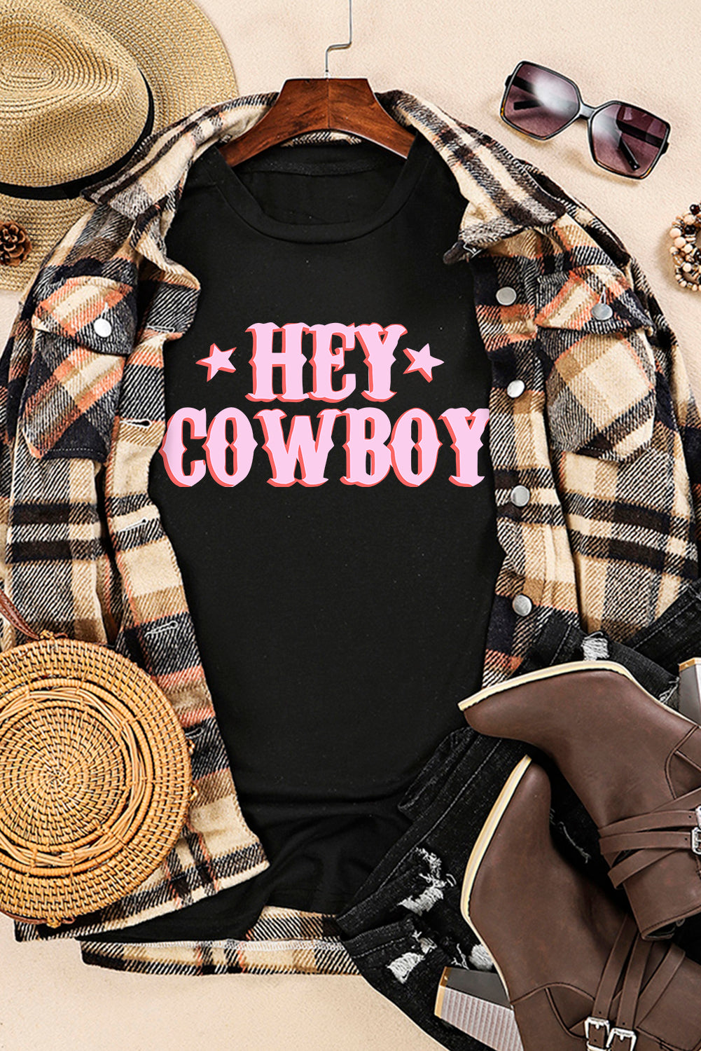 Black HEY COWBOY Graphic Crew Neck T-shirt