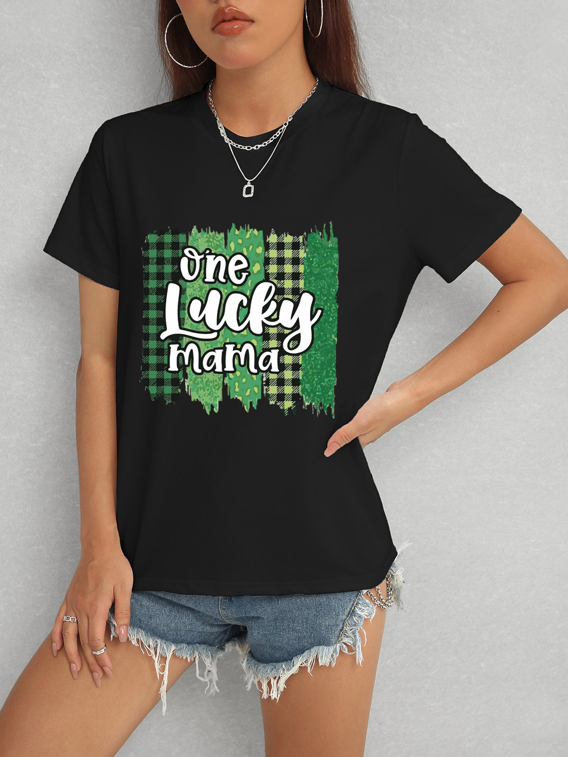 ONE LUCKY MAMA Round Neck T-Shirt