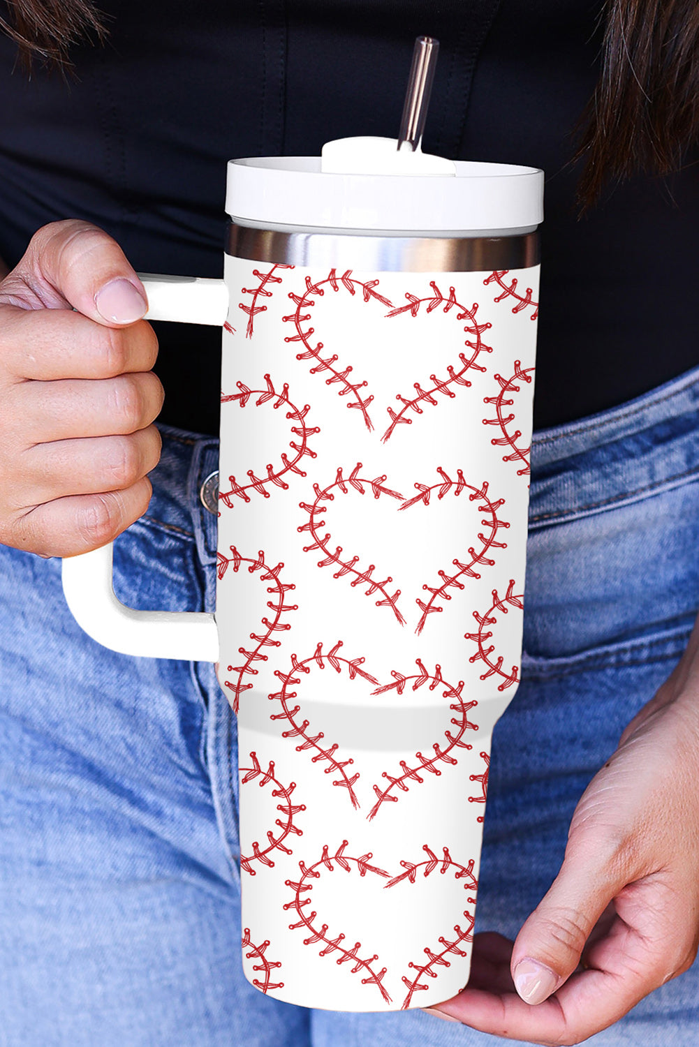 White Heart-shaped Baseball Stainless Thermos Cup with Handle 40oz