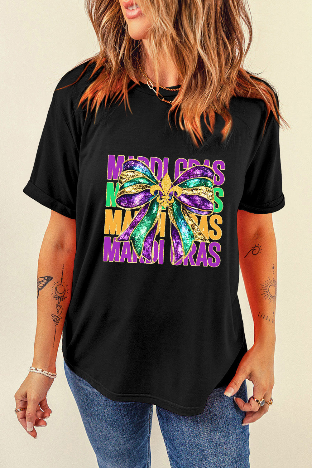 Black MARDI GRAS Bowknot Printed Crewneck Tee