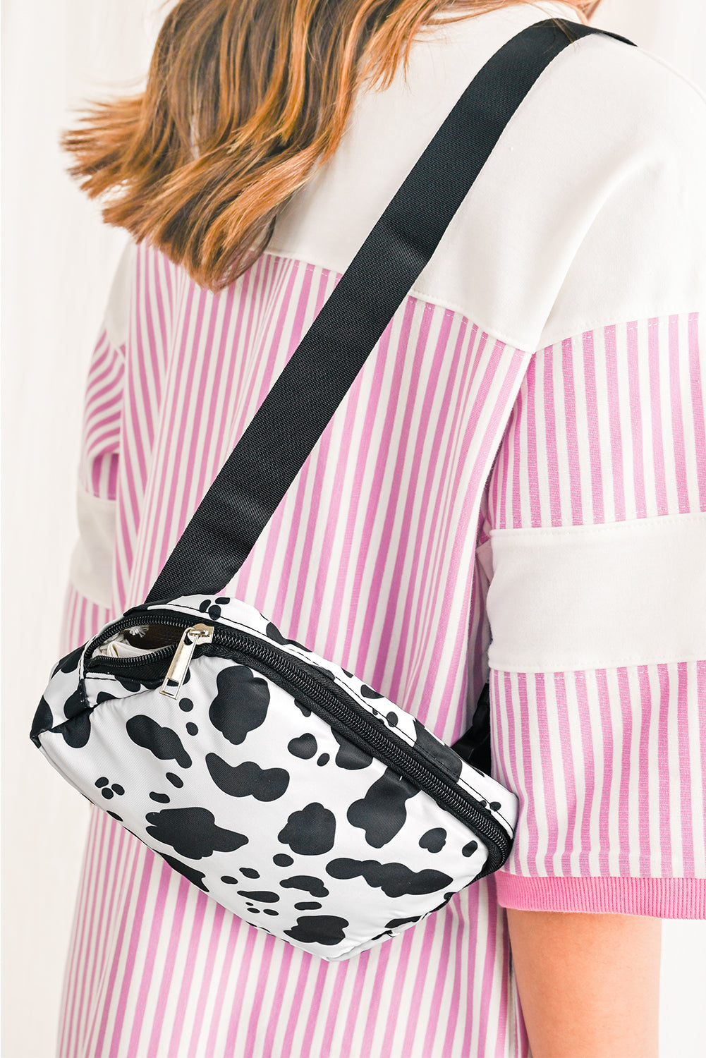 White Cow Pattern Print Buckle Wide Belt Inclined Shoulder Bag