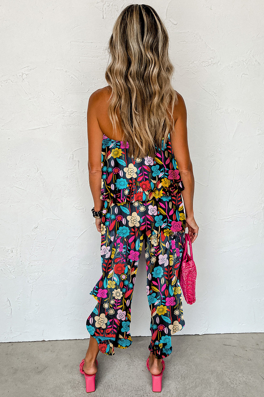 Green Mix Tropical Print Strapless Ruffled Jumpsuit