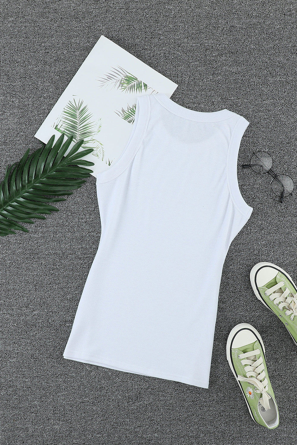 Plain White Solid Round Neck Ribbed Tank Top