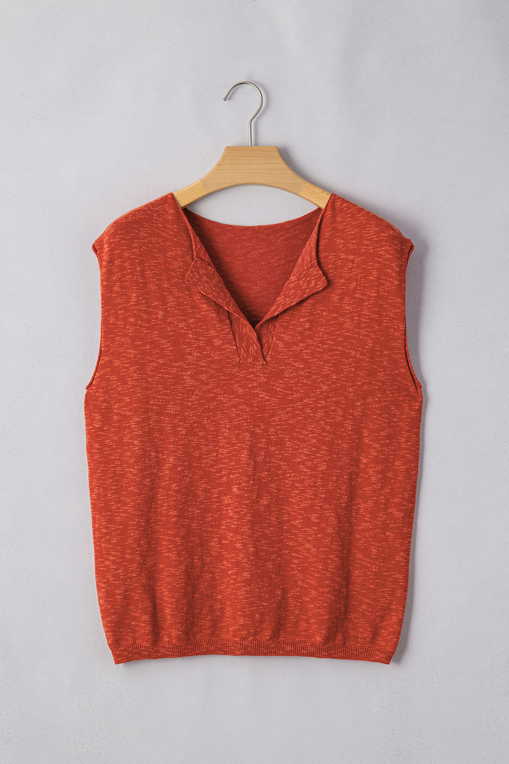 Orange Solid Color Split V Neck Knit Top