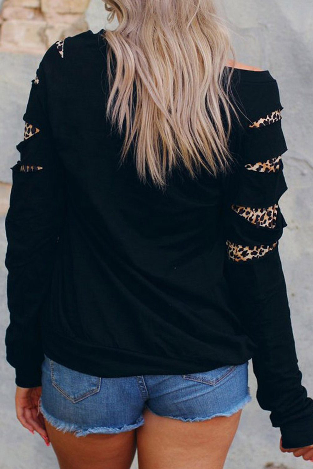 Black Leopard Rhinestone Heart Graphic Slash Sleeve Sweatshirt