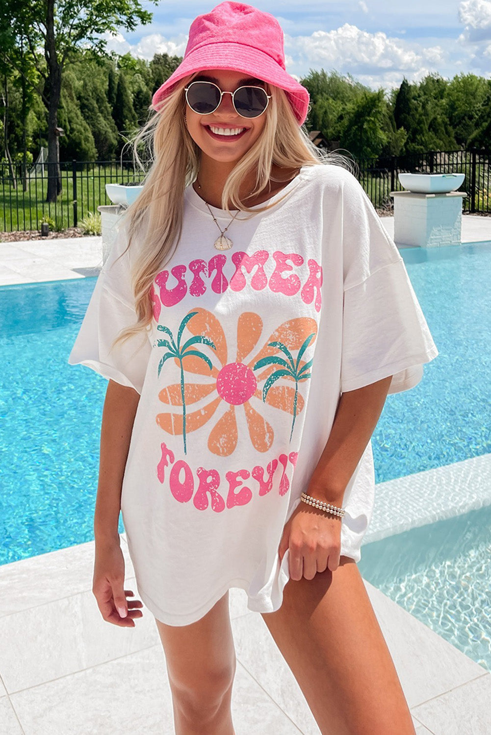 White SUMMER FOREVER Flower Graphic T Shirt