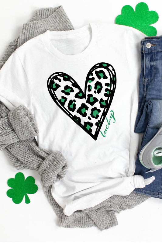 White Lucky Leopard Heart Print St Patricks Day T Shirt