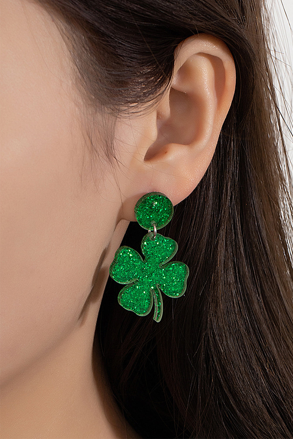 Blackish Green St Patricks Clover Shape Stud Earrings