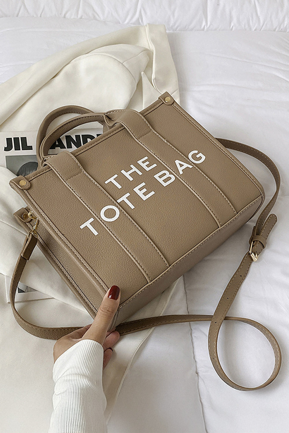 Khaki Letter Print Shoulder Strap Tote Bag