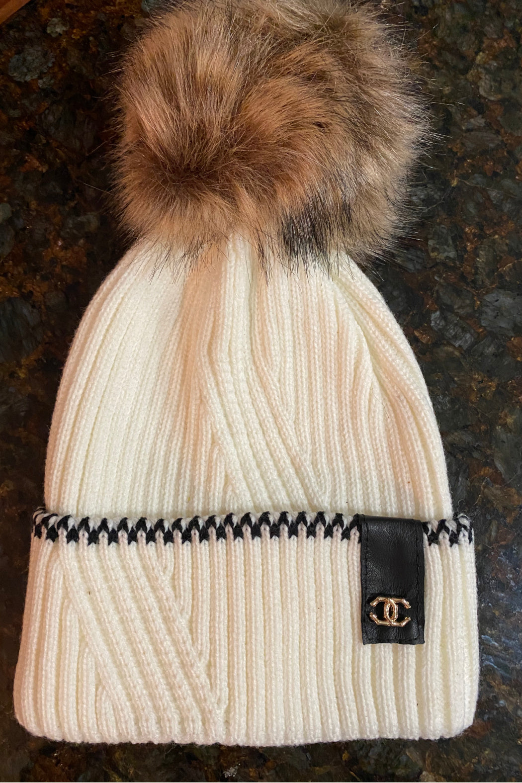 Up-Cycled Chanel Detail Pom Beanie