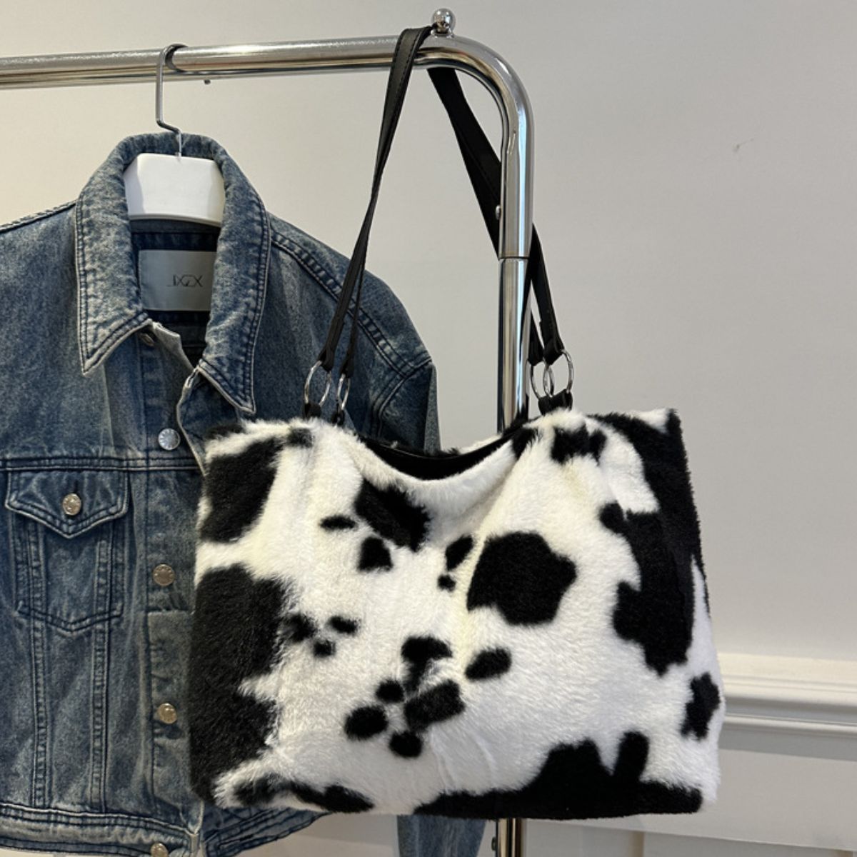 Cow Print Furry Tote Bag