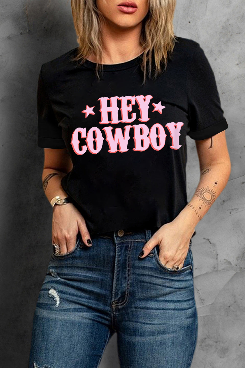 Black HEY COWBOY Graphic Crew Neck T-shirt